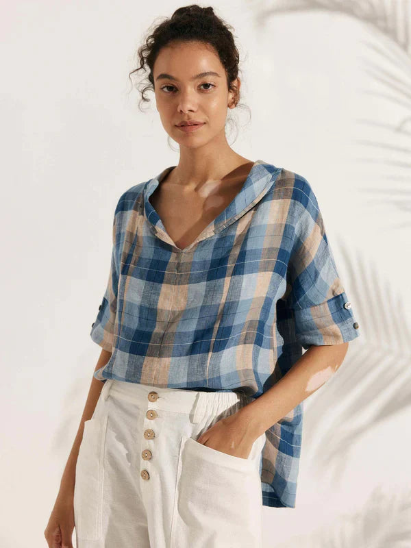 100% Linen V-Neck Short Sleeve Shirt - SIERRA