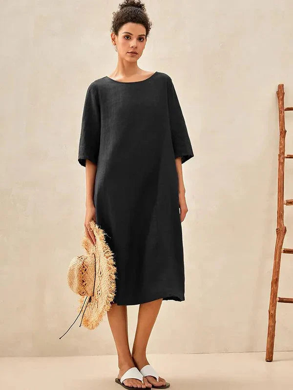 100% Linen Collarless Mid-Length Dress - SOFIA