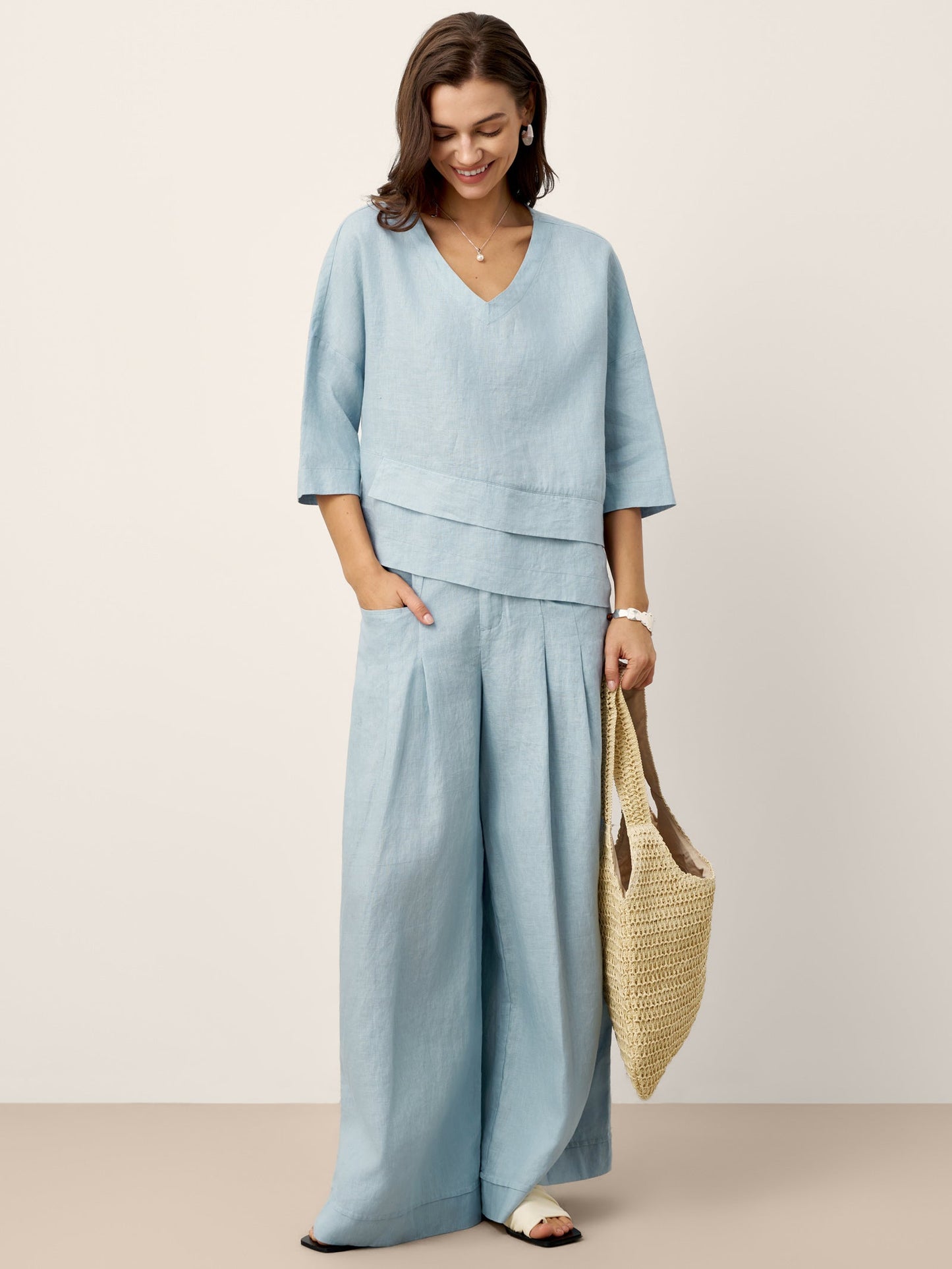 100% Linen Sculpted Elastic Back Pleat Relaxed Trousers - VERIDIANA