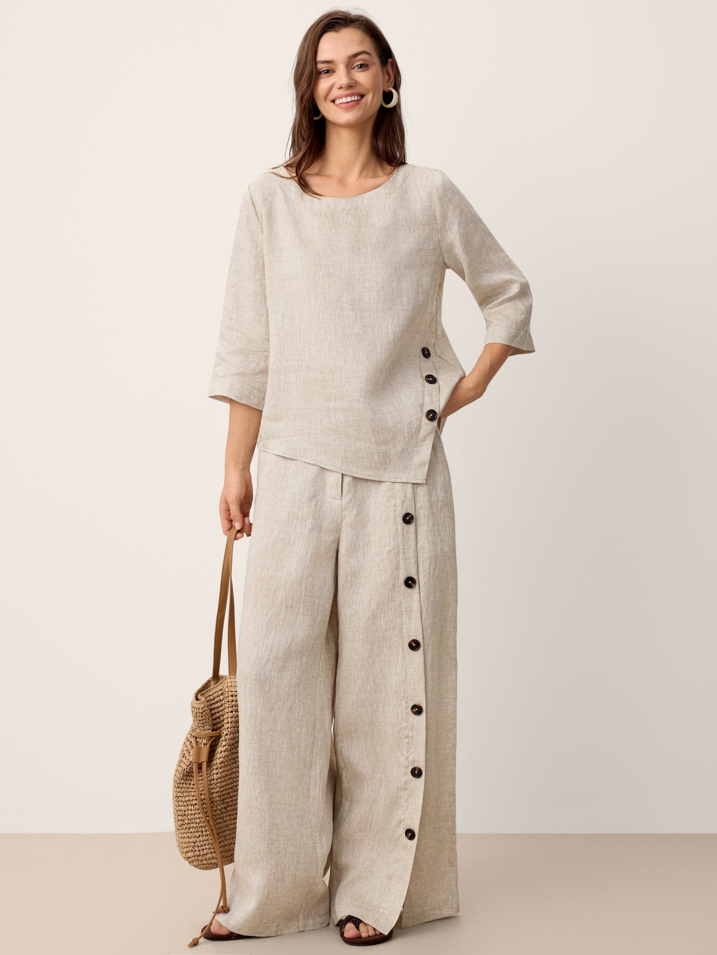 100% Linen Asymmetric Button Hem Top - NYLA