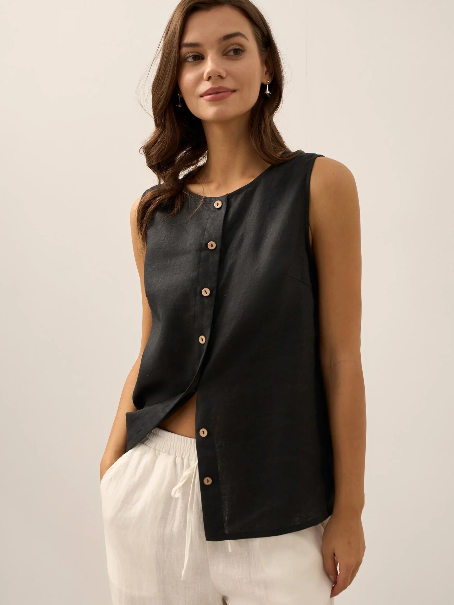 100% Linen Sleeveless Button Top - ERIN