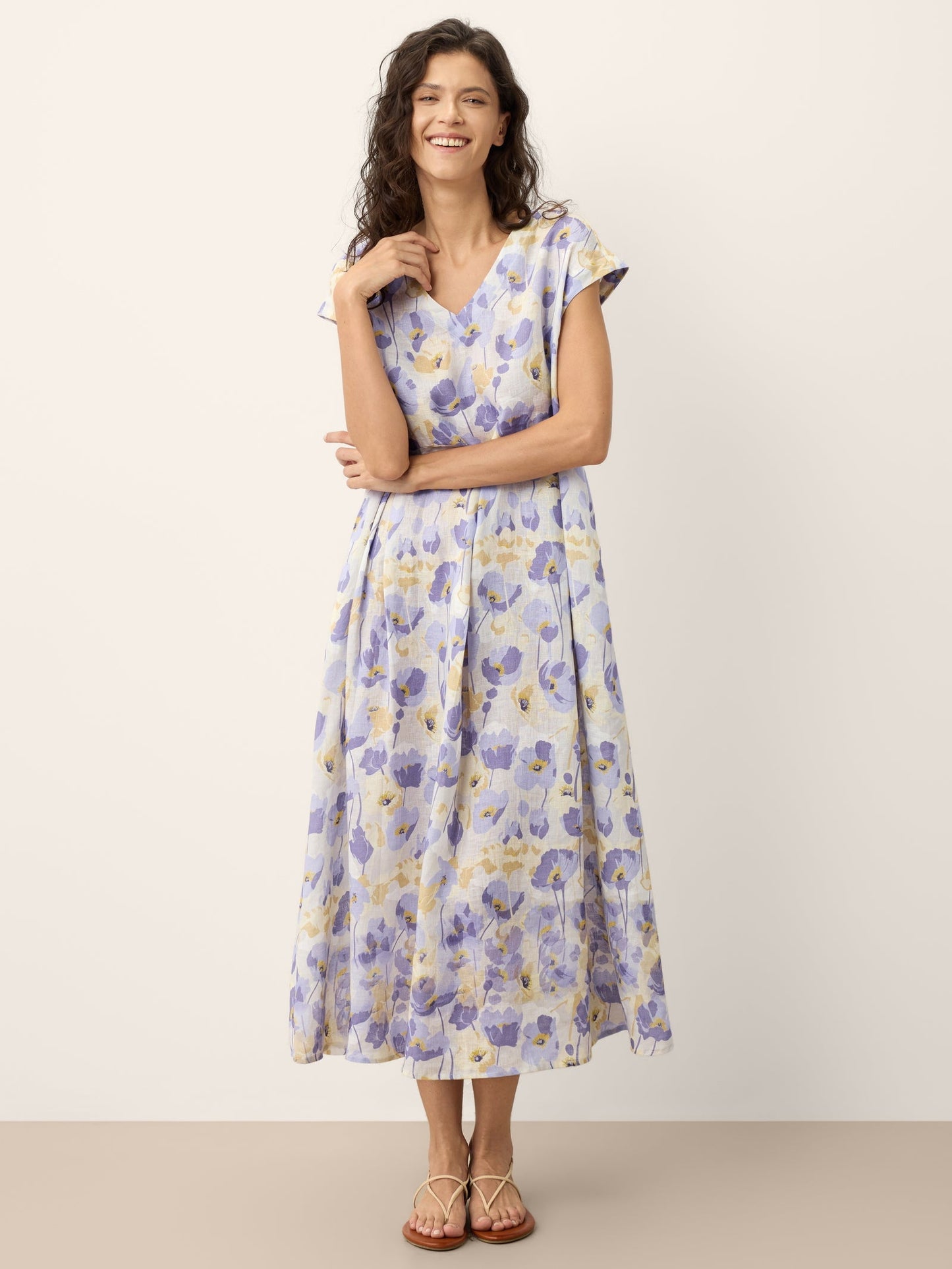 100% Linen Scalloped Waist Carnation Print Maxi Dress - HARRIET