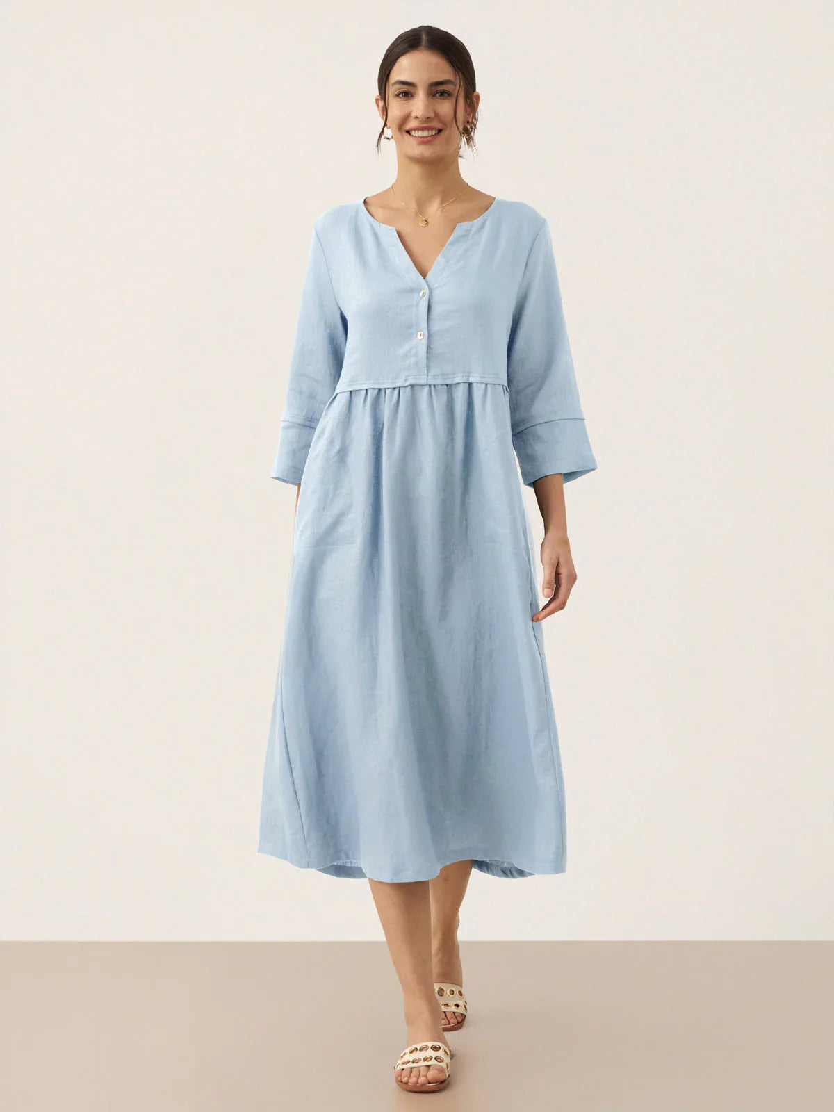 100% Linen Loose Waist Gathered Button Maxi Dress - LUNA