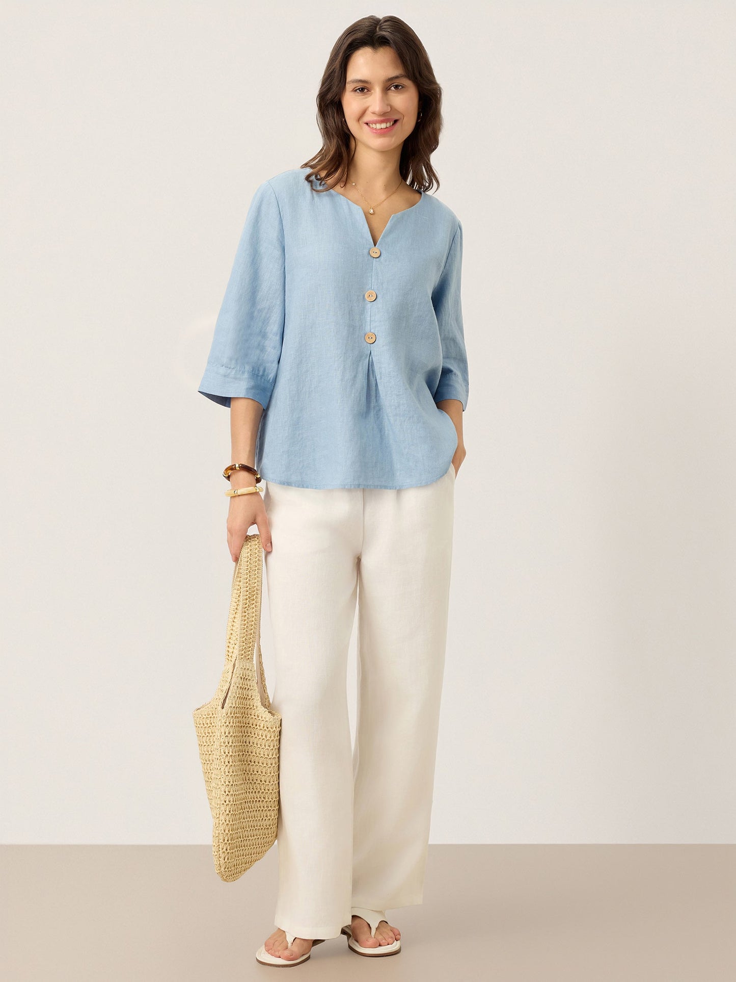 100% Linen Split Neck Inverted Pleat Top - TABITHA