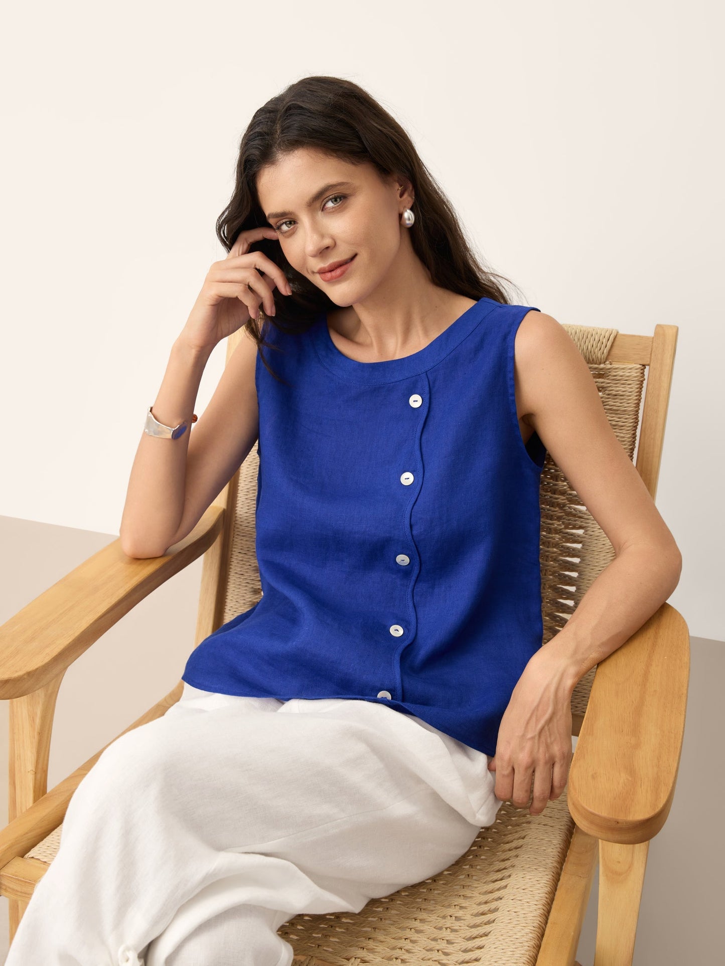 100% Linen Button Sleeveless Top - GALATEA