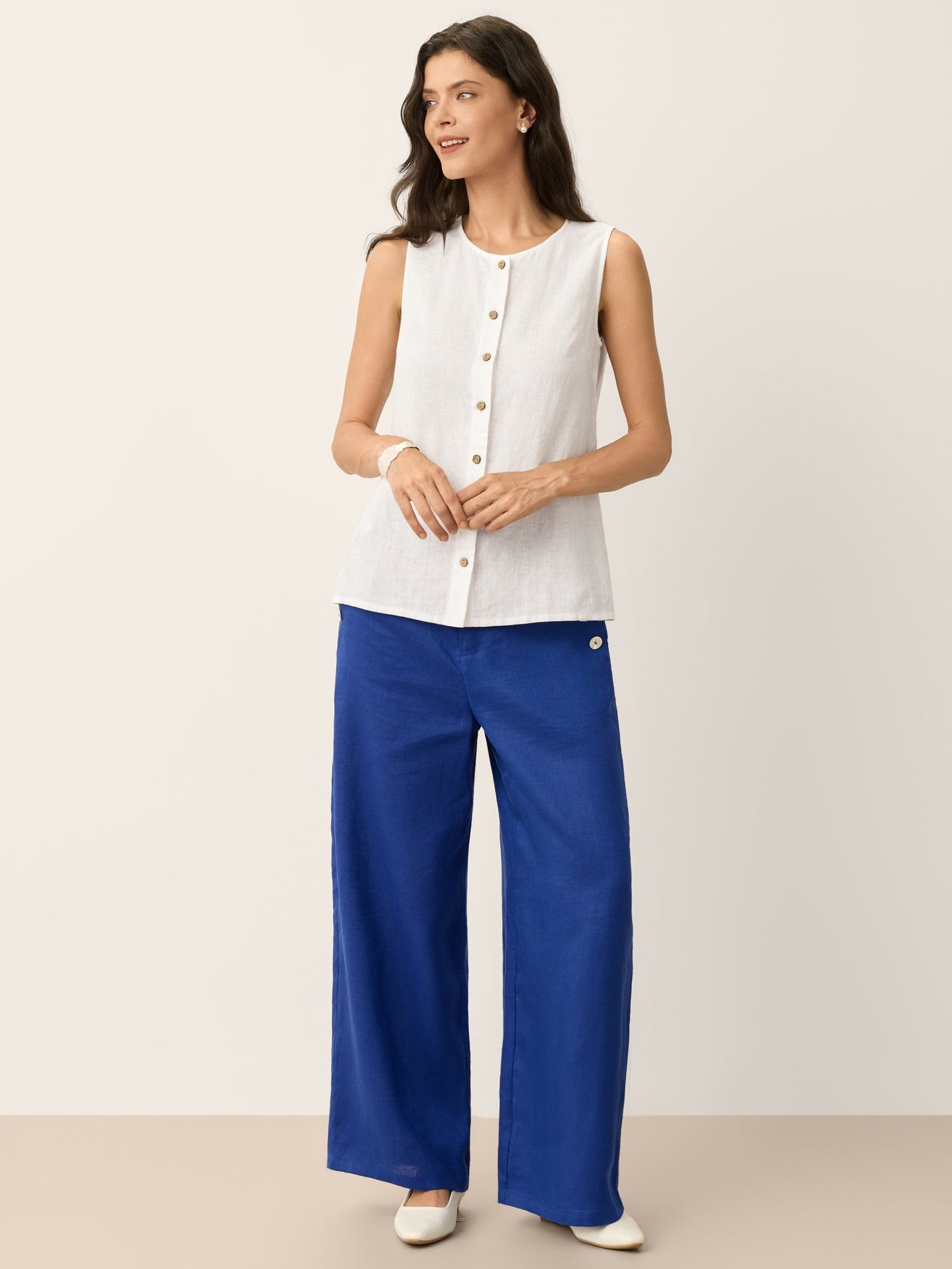 100% Linen Wide Leg Button Trousers - IONE