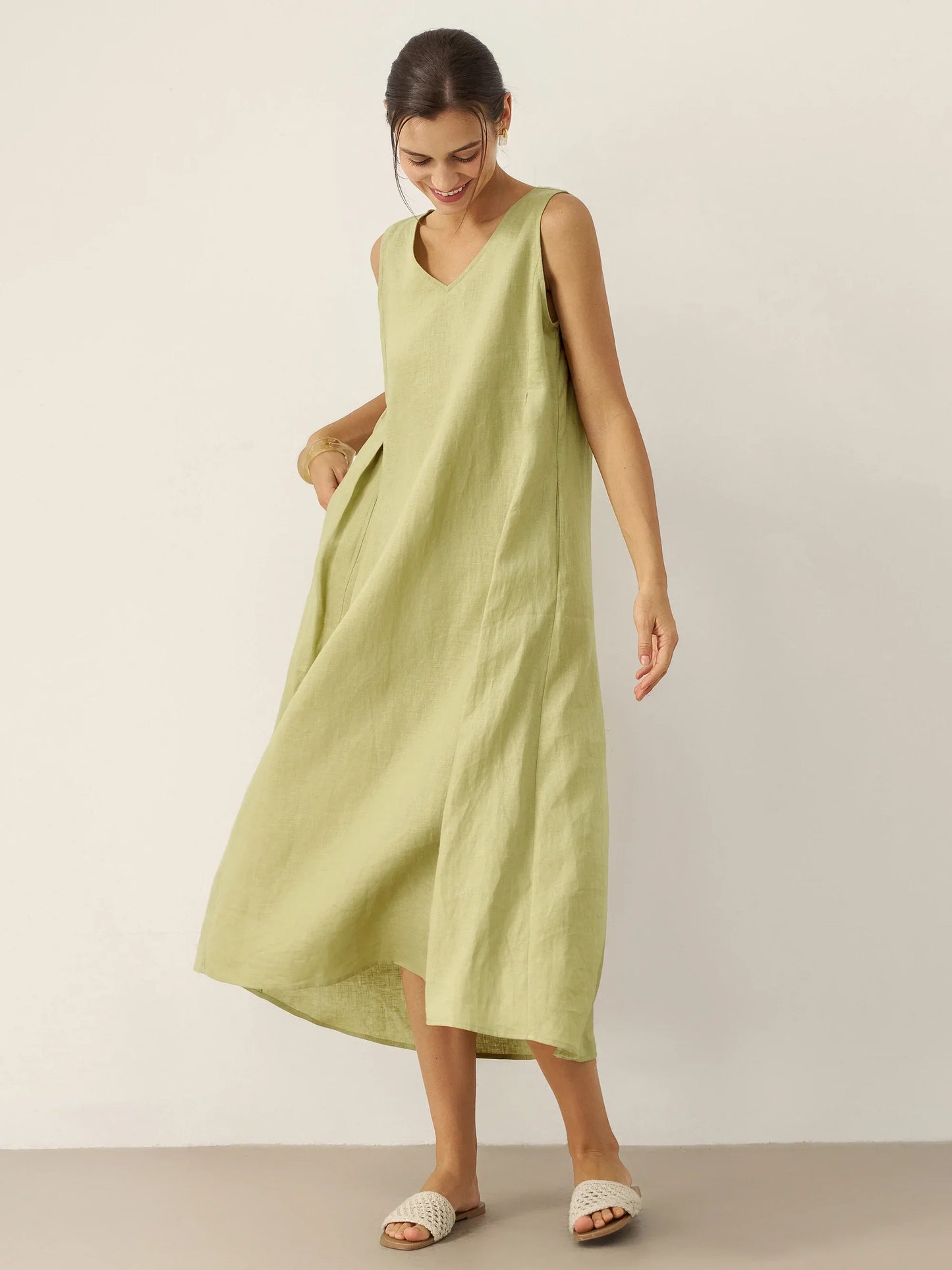100% Linen Sleeveless A-Line Long Dress - TARA
