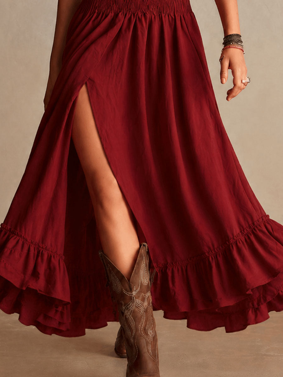 Vestido maxi halter bohemio western de mezcla algodón-lino color rojo óxido con fruncido