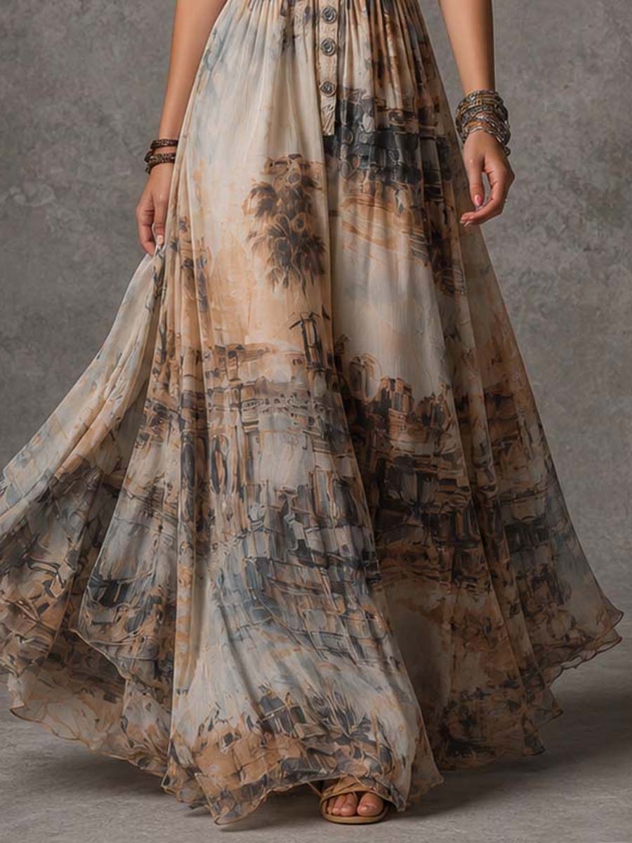 Vestido maxi halter de gasa con estampado de acuarela costero