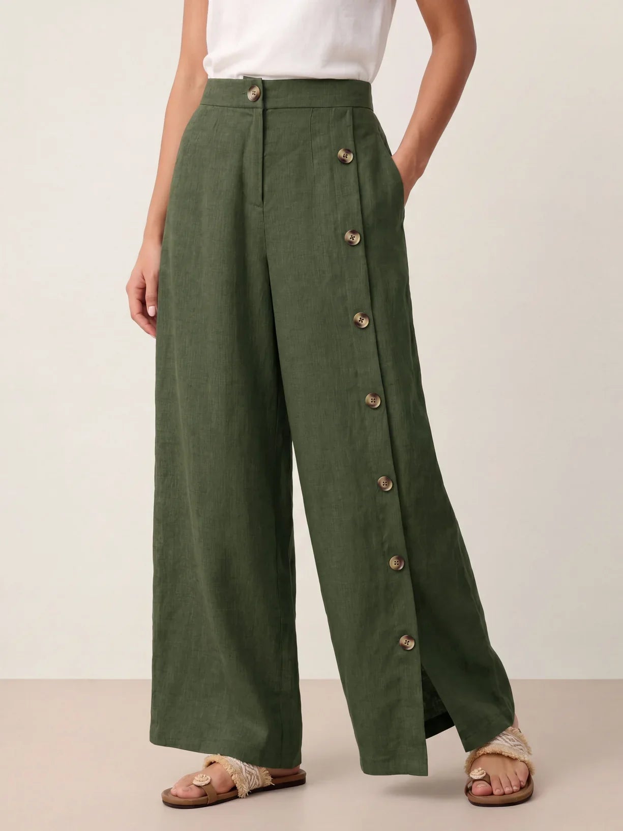 100% Linen Split Hem Trousers - KATYA