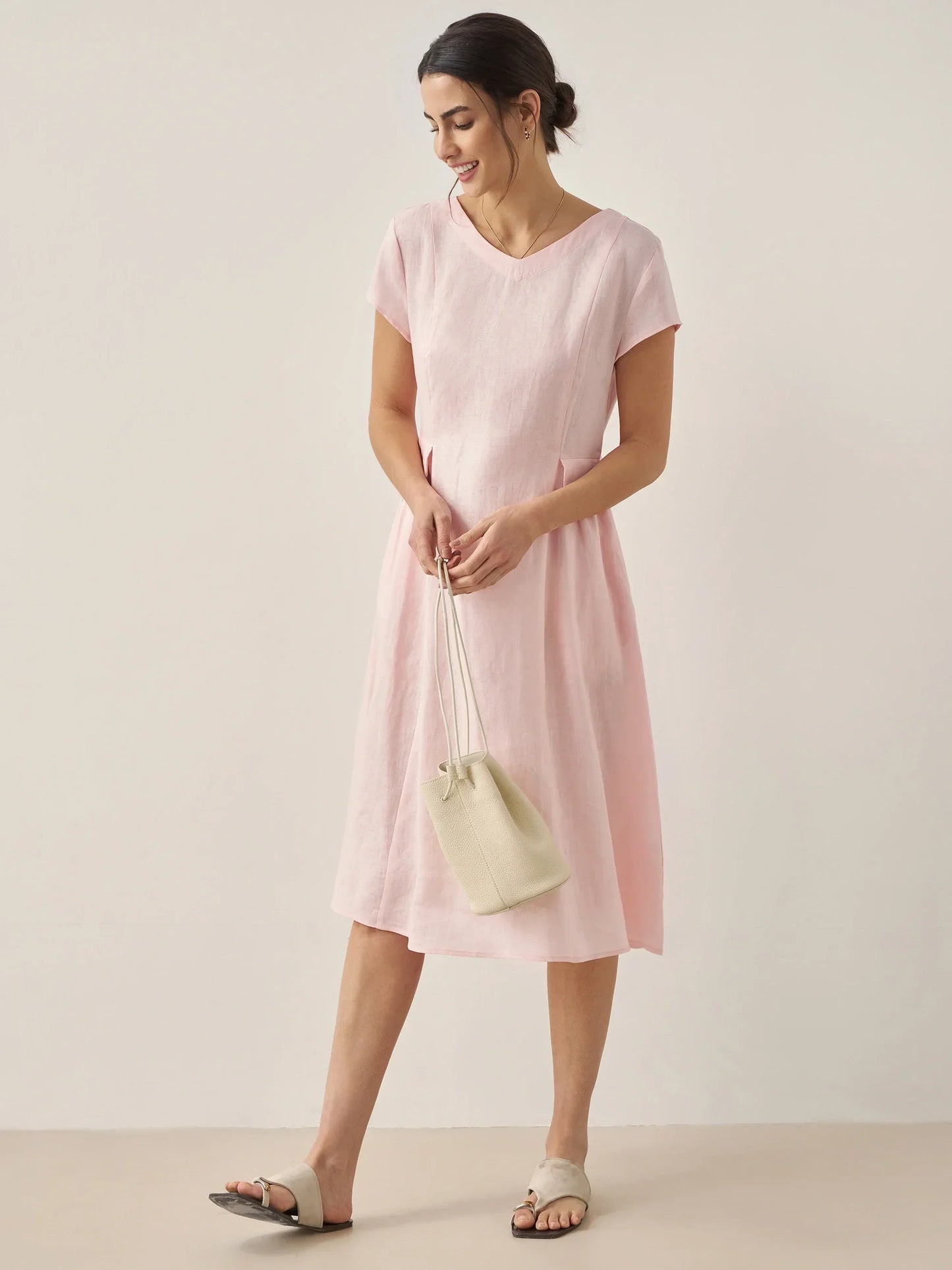 100% Natural Linen V-Neck Summer Dress - ALEXA