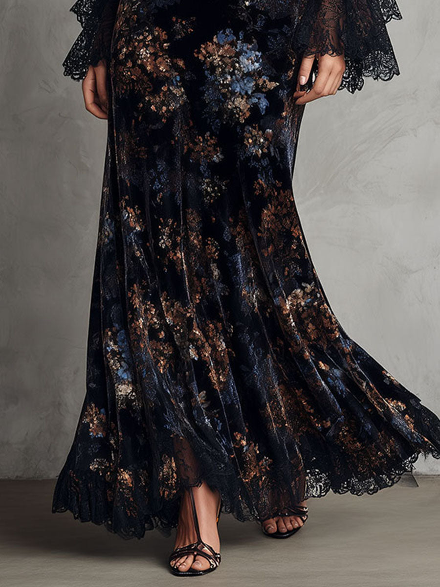 Vestido largo de terciopelo con estampado floral de medianoche, de caída fluida, con mangas campana con ribete de encaje