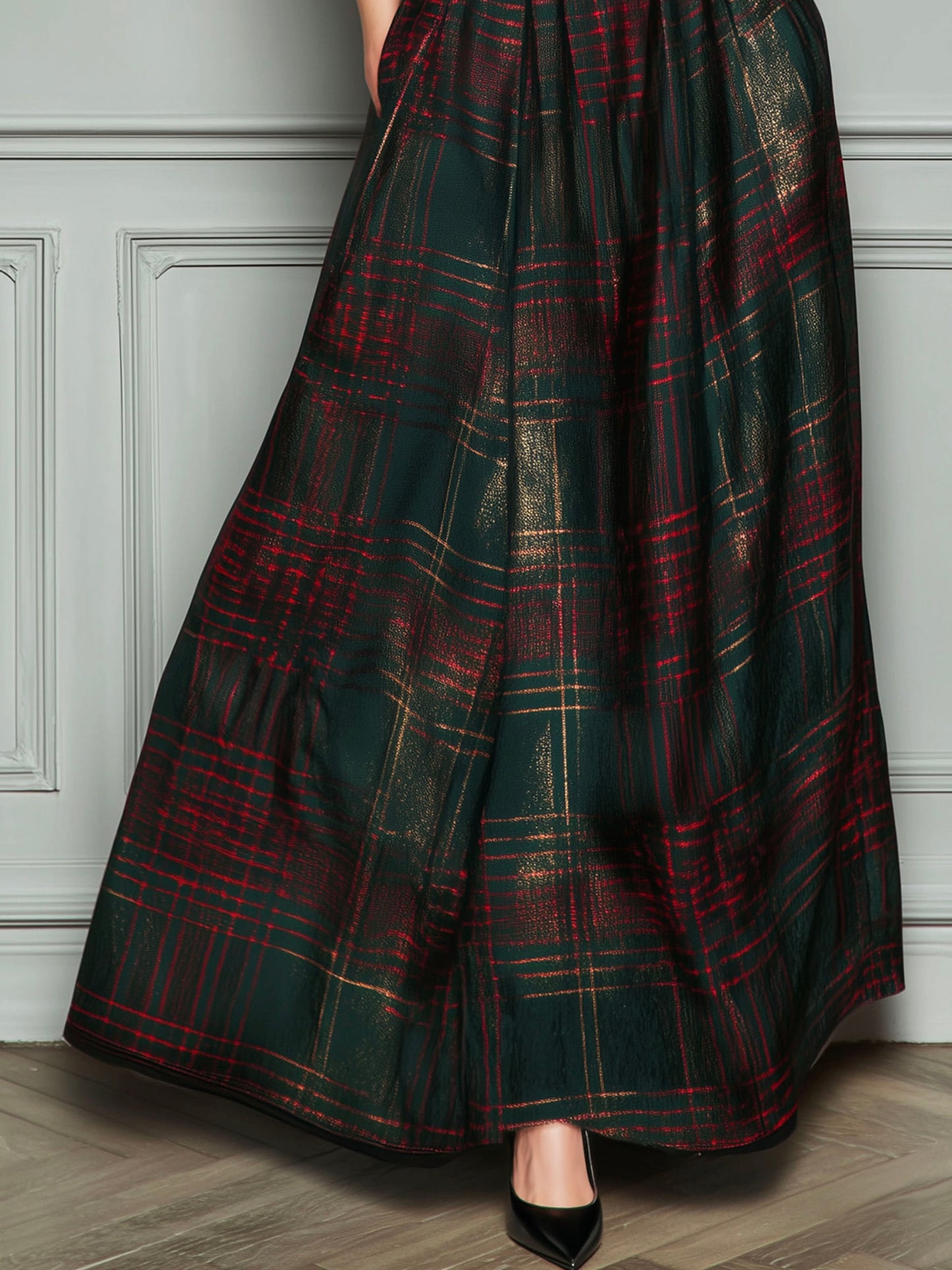 Elegante vestido de noche de cintura alta en terciopelo y cuadros con falda amplia