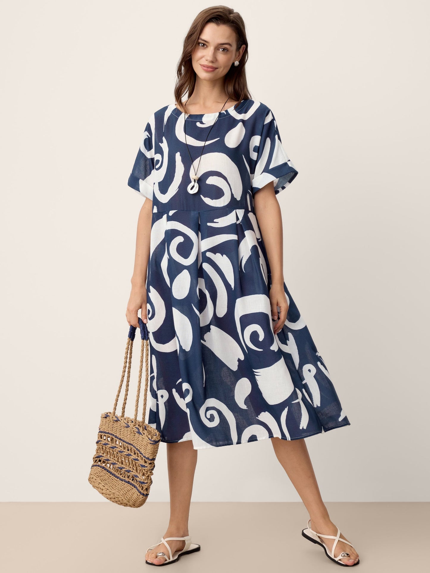 Linen Abstract Print Pleated Waist Midi Dress - PRIYA