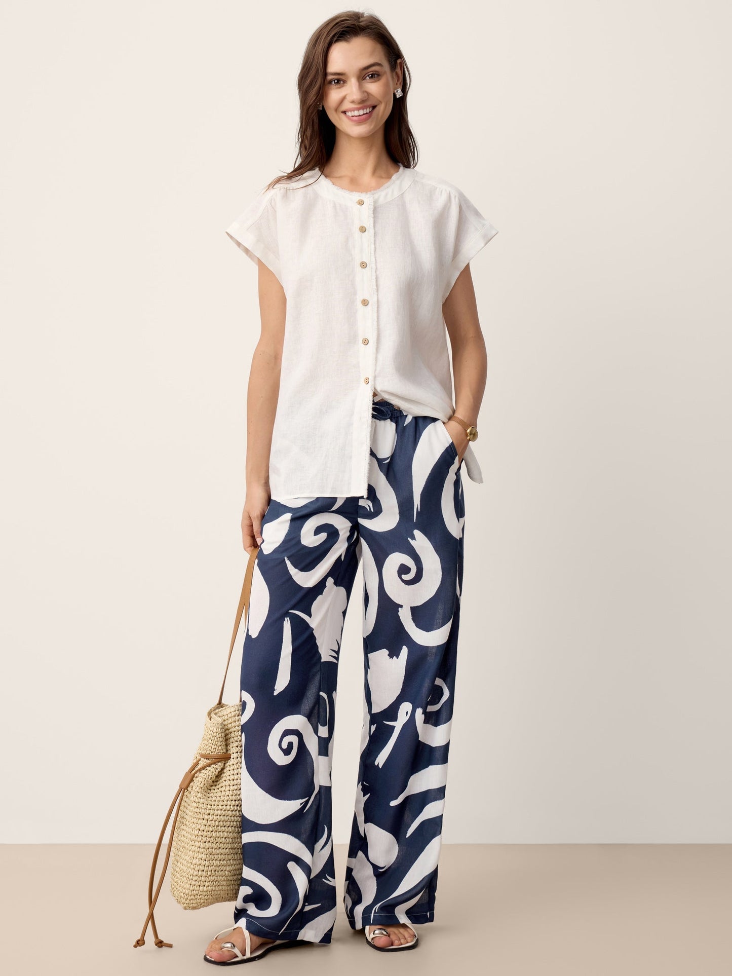Linen Abstract Print Straight Leg Trousers - ORLA