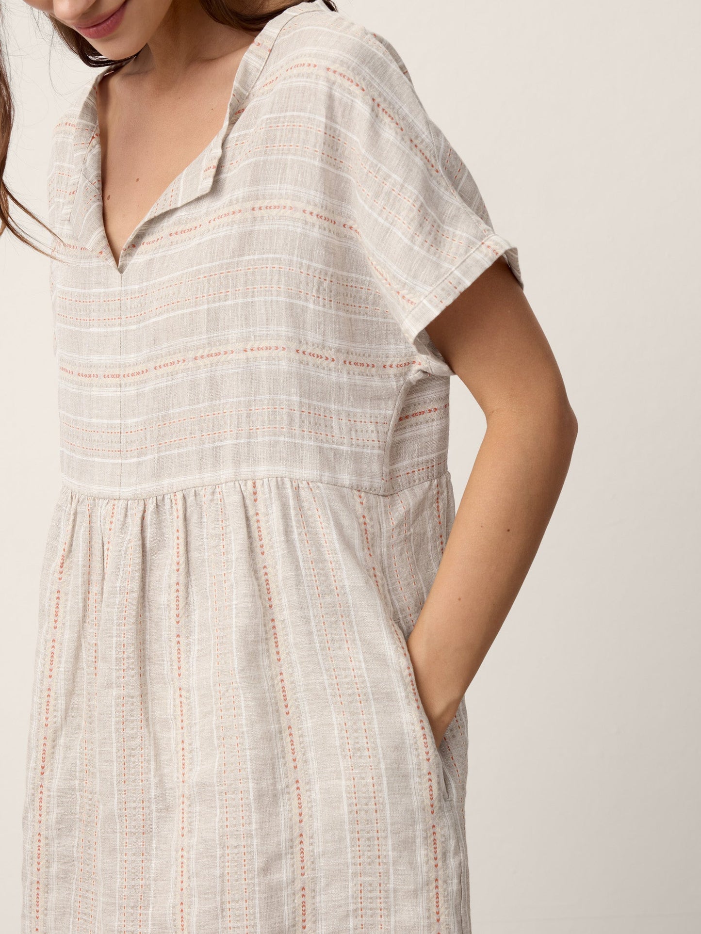 Linen Gathered Split Neck Hem Midi Dress - SYDNEY