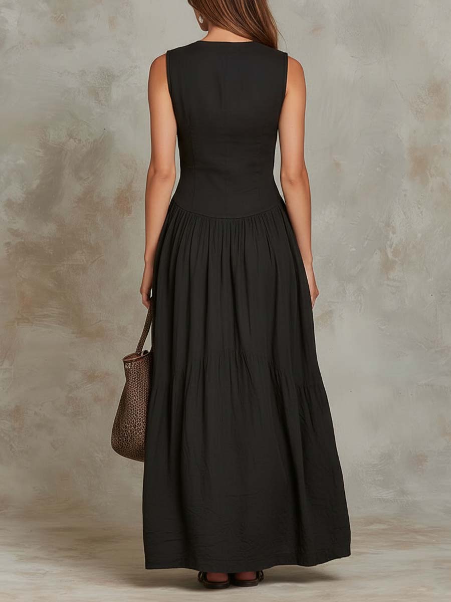 Vestido maxi de algodón con bolsillo de solapa de estilo retro