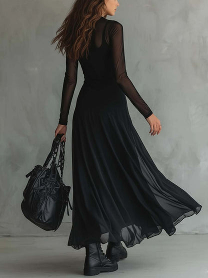 Vestido maxi con mangas transparentes de estilo retro