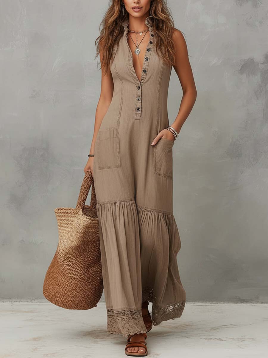 Vestido maxi clásico de algodón 100% caqui sin mangas