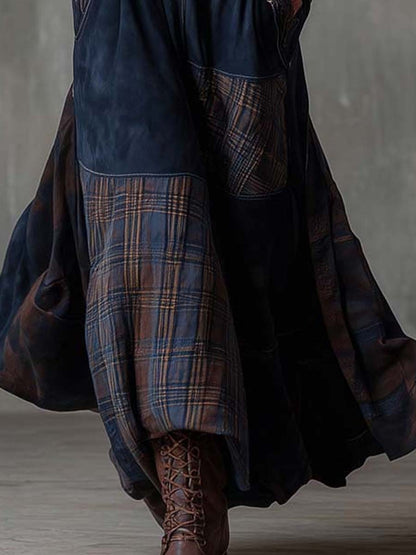 Vestido maxi de gamuza vintage con patchwork y paneles a cuadros