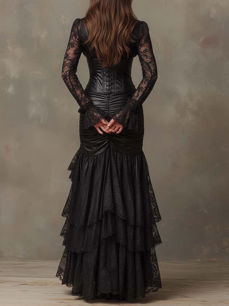Vestido maxi negro de cuero sintético con corsé y mangas de encaje