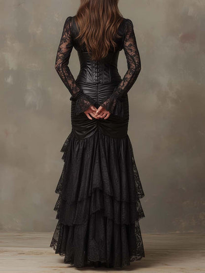 Vestido maxi negro de cuero sintético con corsé y mangas de encaje