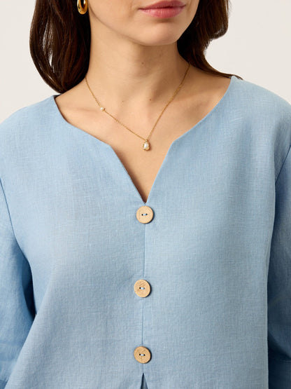 100% Lino Split Neck Inverted Pleat Top TABITHA