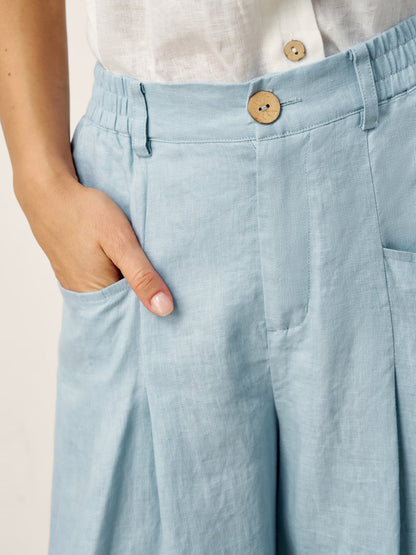 100% Lino Esculpido Pliegue Elástico Espalda Pantalón Relajado Veridiana