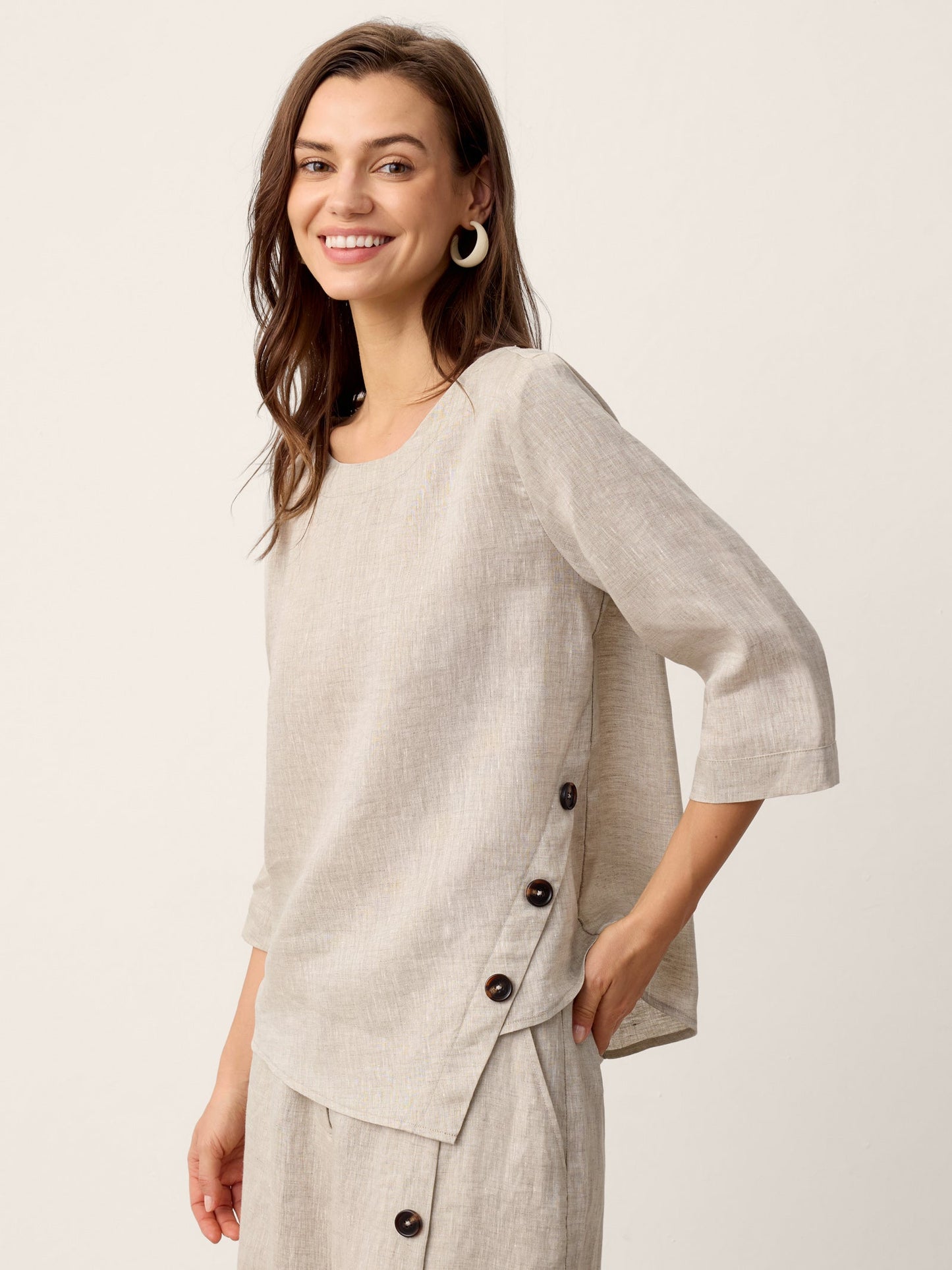 100% Lino Asimétrico-Hem Botón-Trim Top NYLA