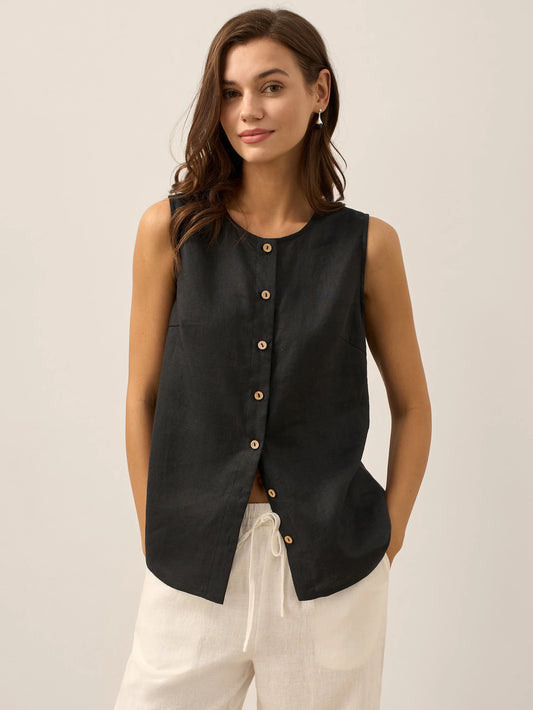 Top de Lino 100% con Botones sin Mangas ERIN