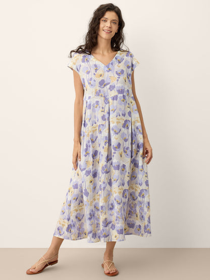 100% Lino Claveles Estampado Festoneado Cintura Maxi Vestido HARRIET
