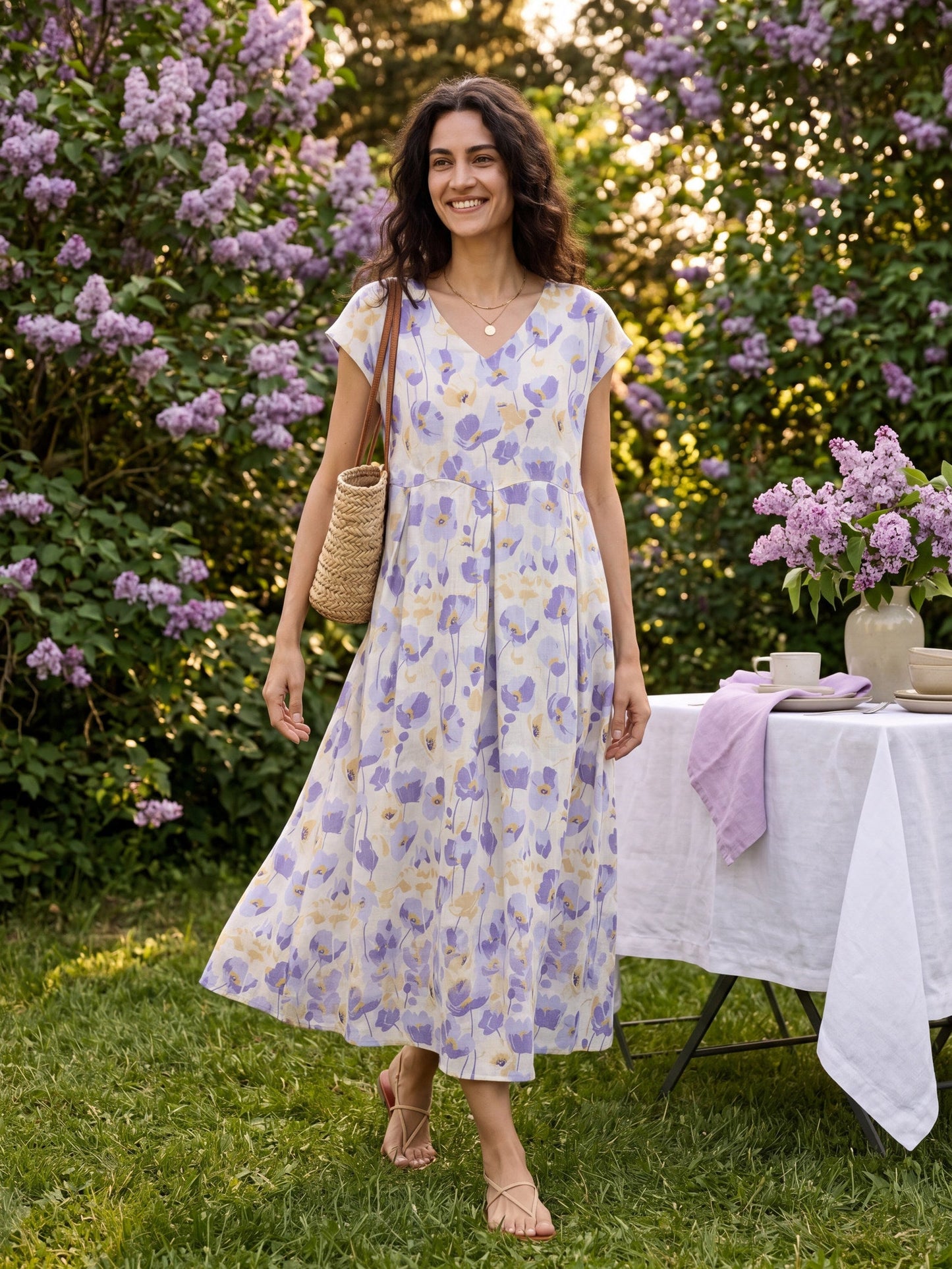 100% Lino Claveles Estampado Festoneado Cintura Maxi Vestido HARRIET