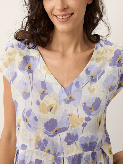 100% Lino Claveles Estampado Festoneado Cintura Maxi Vestido HARRIET