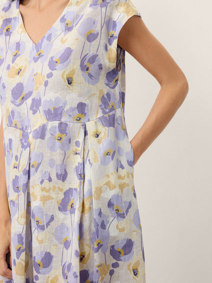 100% Lino Claveles Estampado Festoneado Cintura Maxi Vestido HARRIET