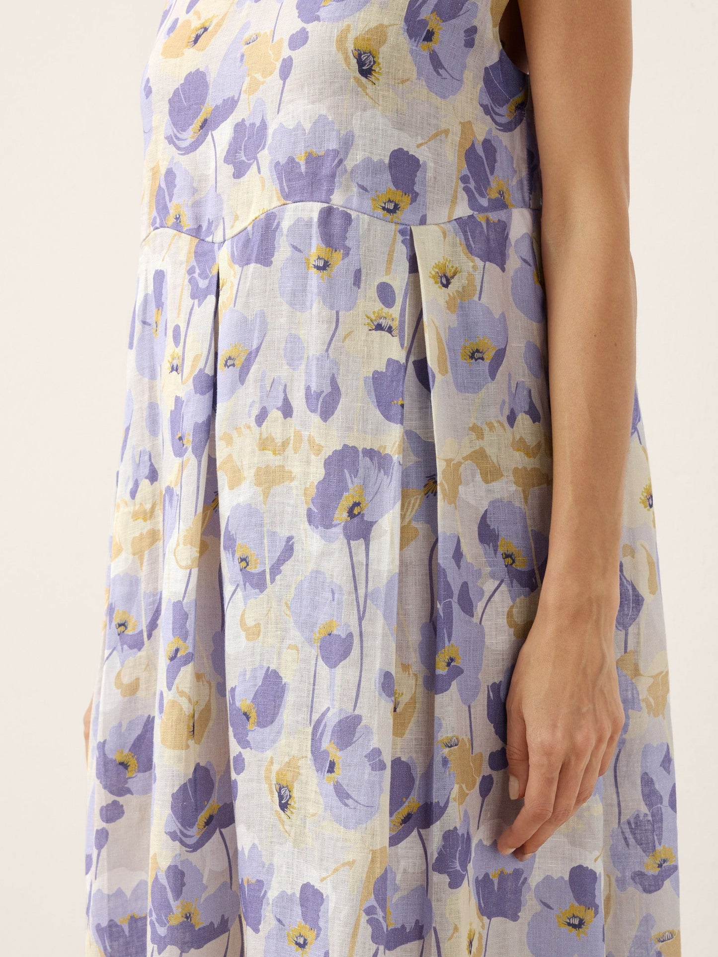 100% Lino Claveles Estampado Festoneado Cintura Maxi Vestido HARRIET