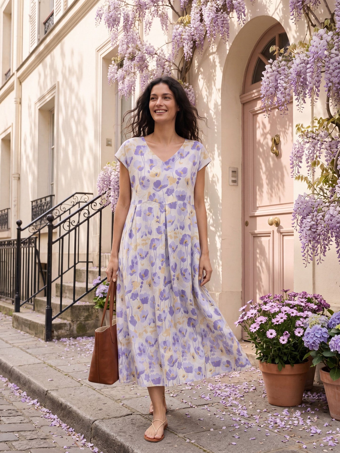 100% Lino Claveles Estampado Festoneado Cintura Maxi Vestido HARRIET