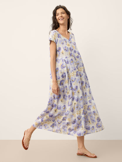 100% Lino Claveles Estampado Festoneado Cintura Maxi Vestido HARRIET