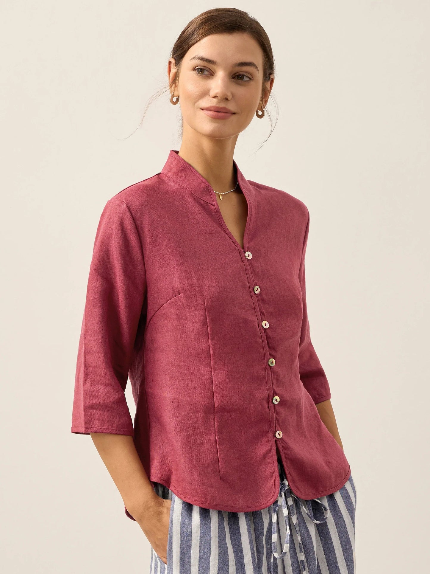 100% Linen Fitted Hand Button Jacket - AMELIA