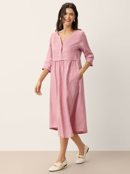 Vestido maxi LUNA 100% de lino con cintura holgada y botones recogidos