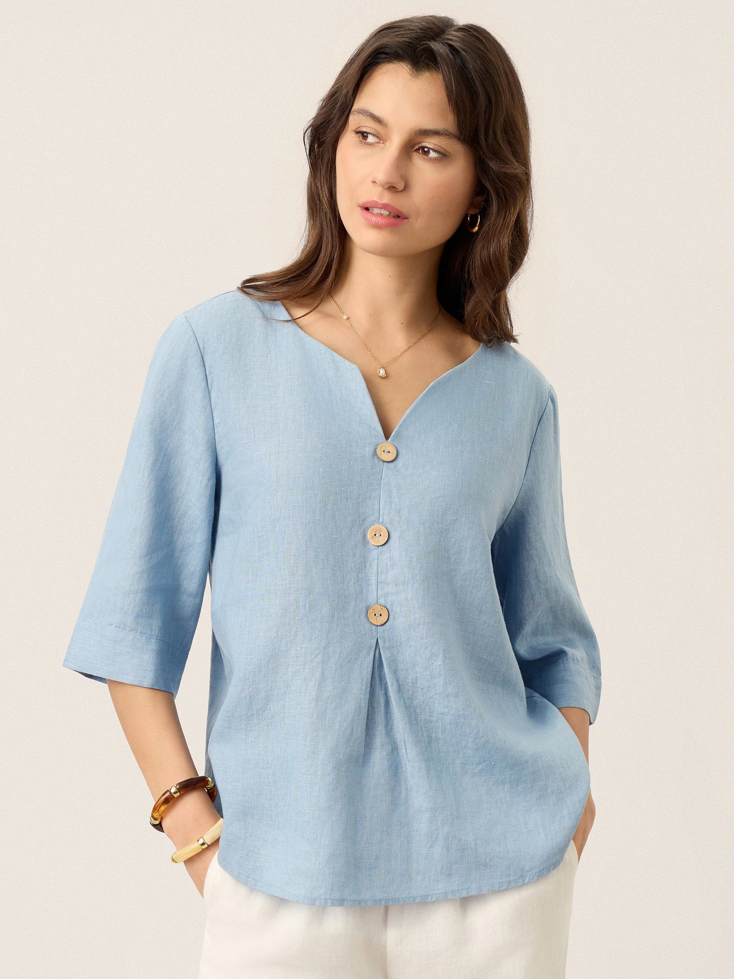 100% Lino Split Neck Inverted Pleat Top TABITHA