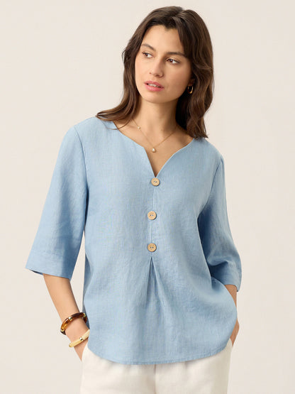 100% Lino Split Neck Inverted Pleat Top TABITHA