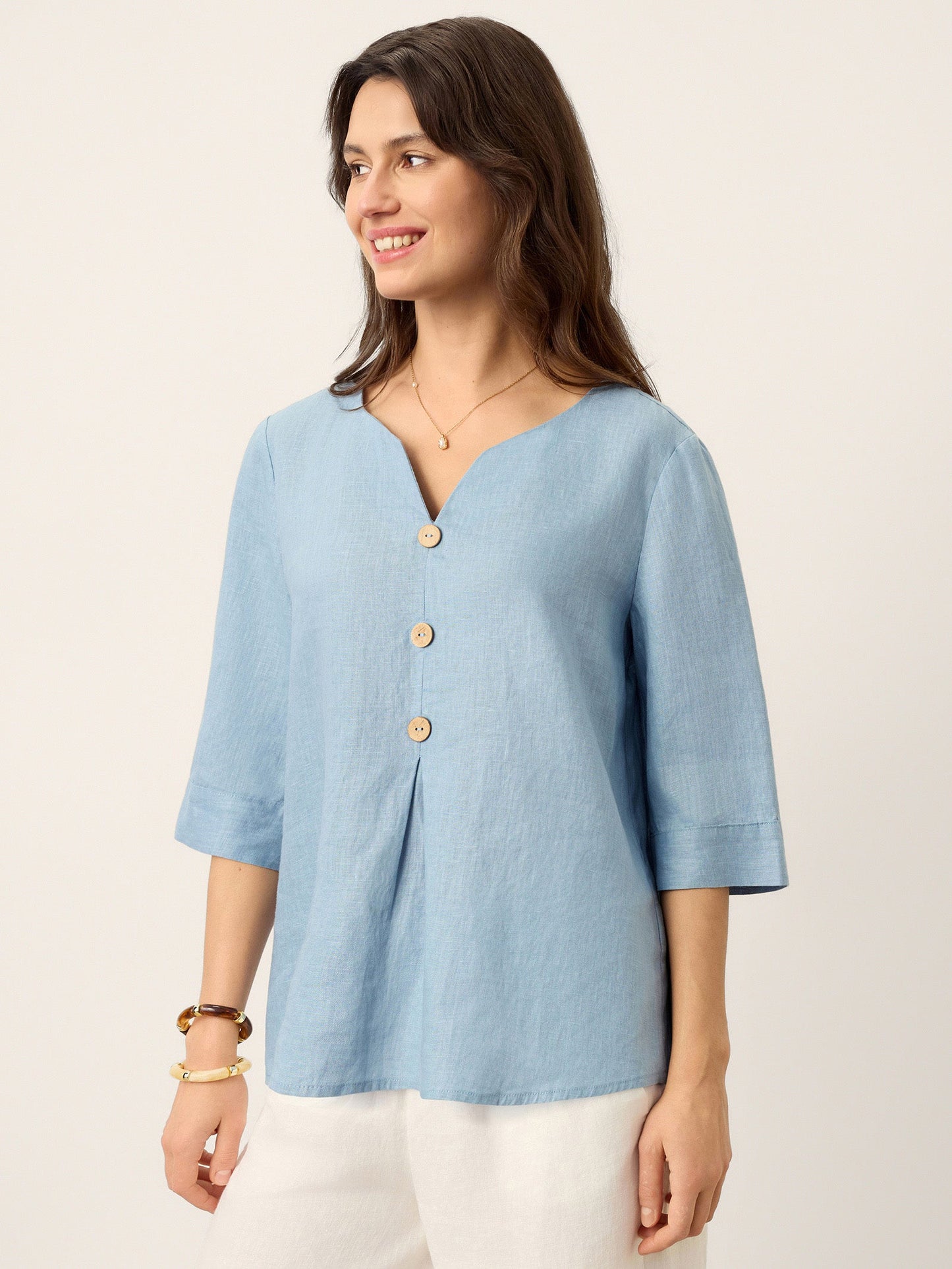 100% Lino Split Neck Inverted Pleat Top TABITHA