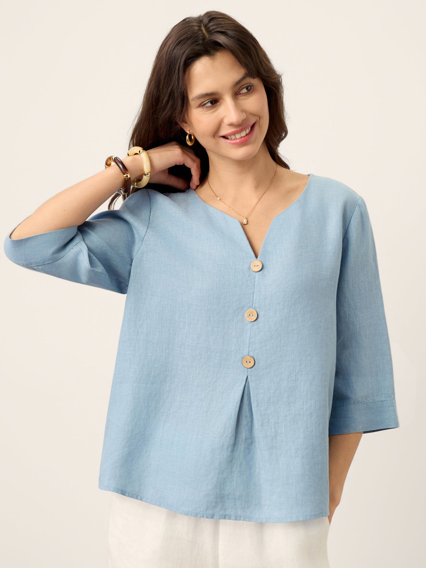 100% Lino Split Neck Inverted Pleat Top TABITHA