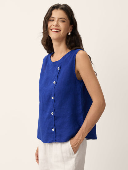 100% Linen Shell Botón Detalle Camiseta sin mangas GALATEA