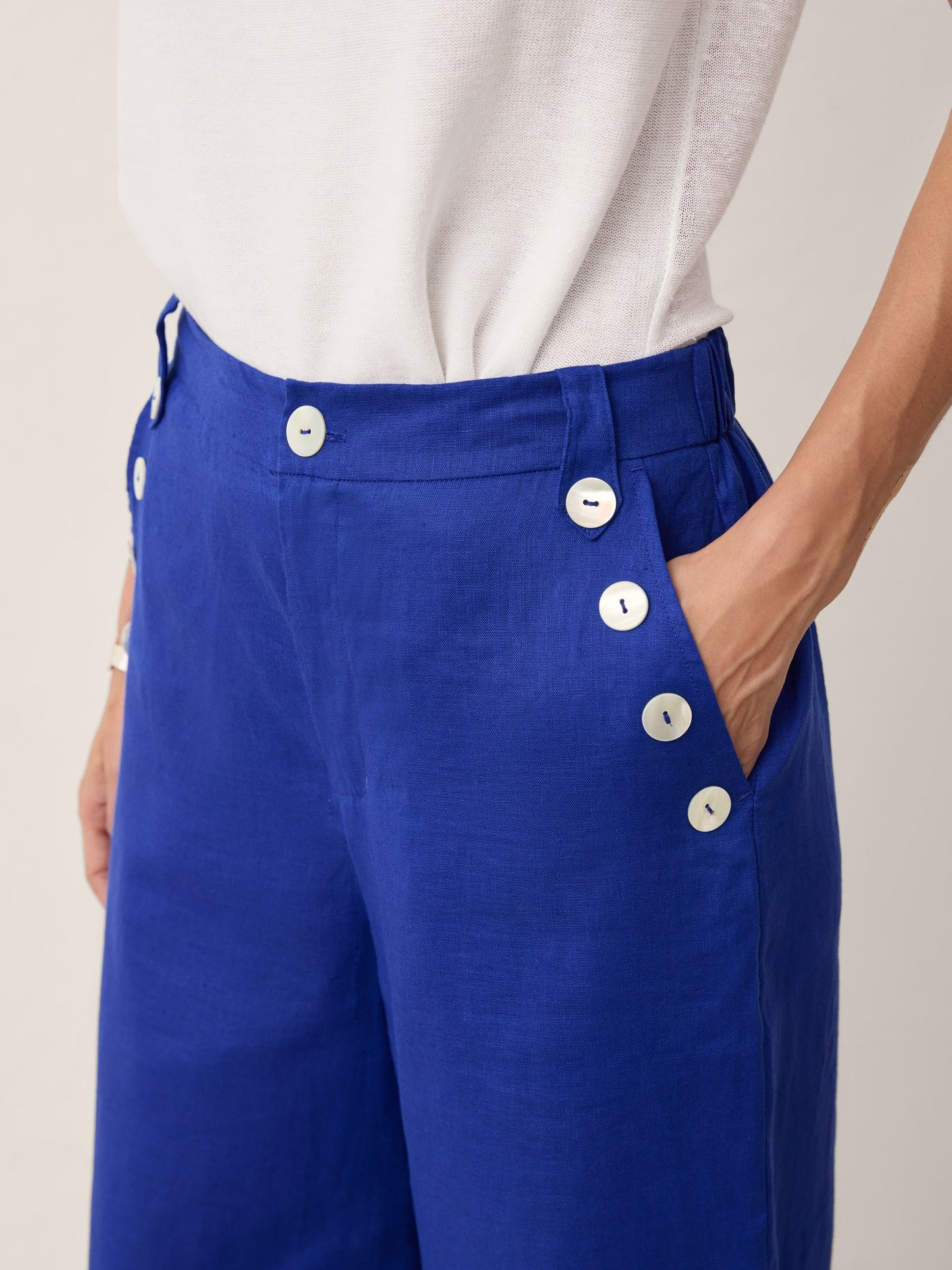 100% Lino Shell Botón Elástico Trasero De Pierna Ancha Pantalones IONE