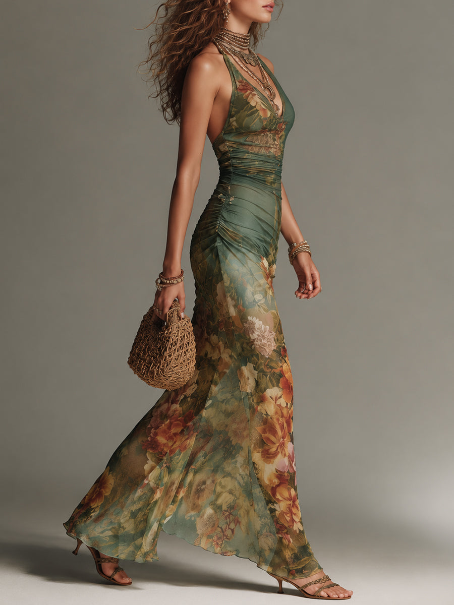 Vestido maxi de malla ajustado con estampado floral de pintura al óleo, estilo retro