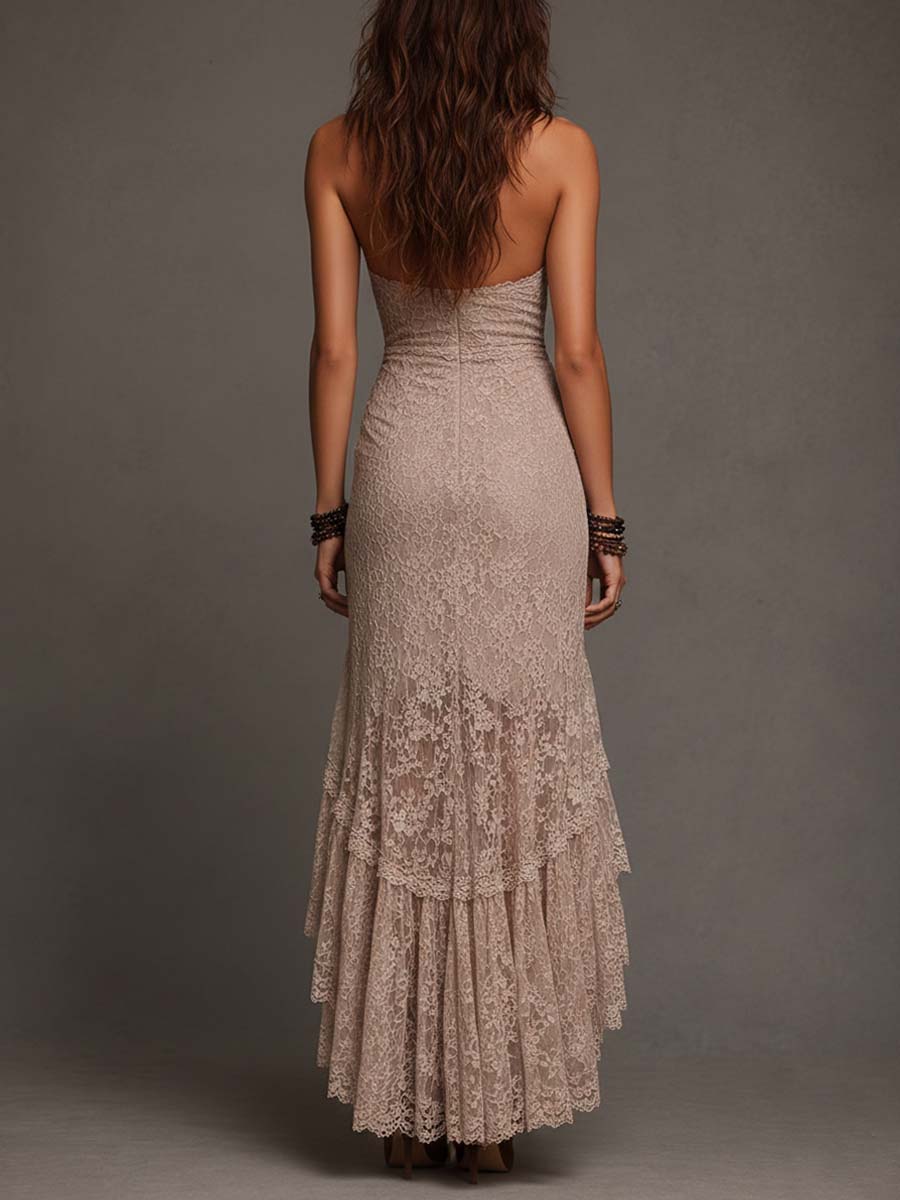 Vestido midi bohemio de encaje taupe con escote halter y dobladillo alto-bajo