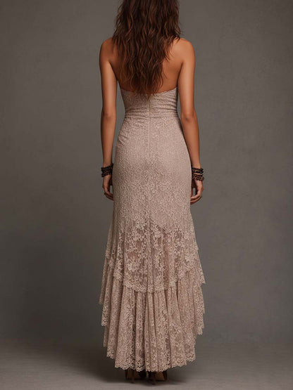 Vestido midi bohemio de encaje taupe con escote halter y dobladillo alto-bajo