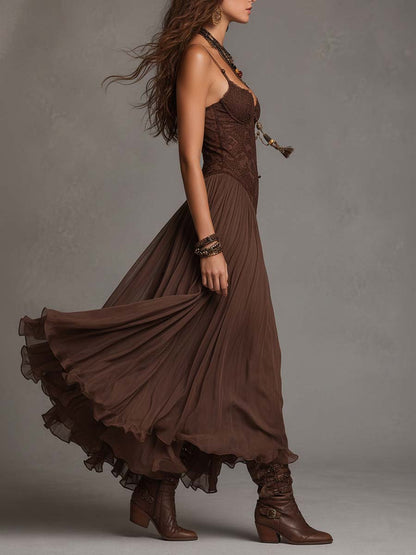 Vestido maxi corsé de encaje y chifón marrón oscuro
