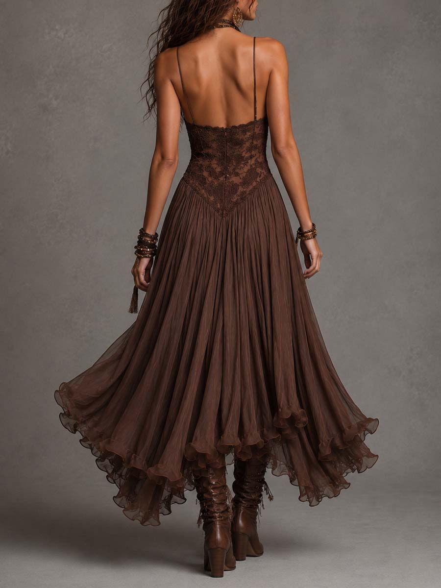 Vestido maxi corsé de encaje y chifón marrón oscuro